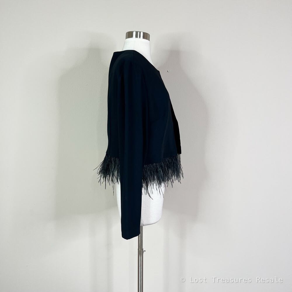 White House Black Market | Black Feather Hem Open Front Cropped Jacket Blazer L - Picture 4 of 8